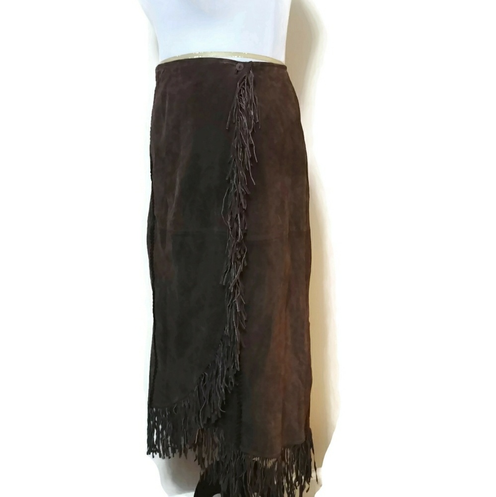 Leather Fringe Wrap Midi Skirt Handmade NWT